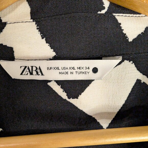 ZARA Black & White Abstract Print Midi Crepe-Like Shirt Dress | Belted, Size XXL - Picture 9 of 12